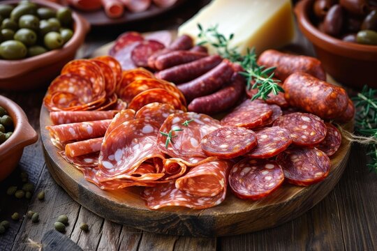An exquisite spread of cured meats and savory cheeses, showcasing a variety of charcuterie delicacies such as salami, chorizo, and soppressata, all sourced from the finest produce and animal fat at a
