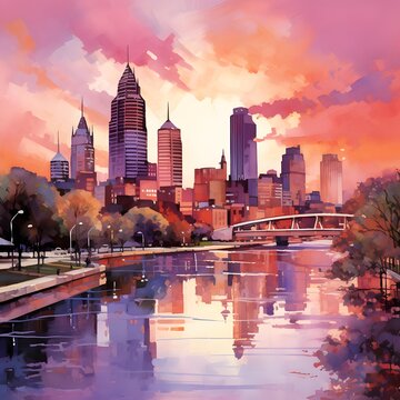 Chicago skyline at sunset, Illinois, USA. Digital watercolor painting.