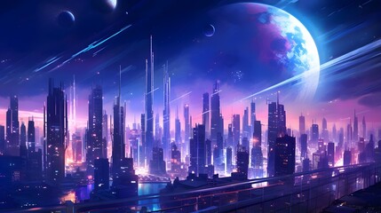 Night city panorama with skyscrapers and planet. 3d rendering