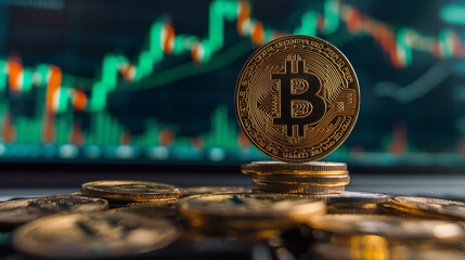 Stacked Bitcoin tokens against a backdrop of glowing financial market charts symbolizing cryptocurrency trading..