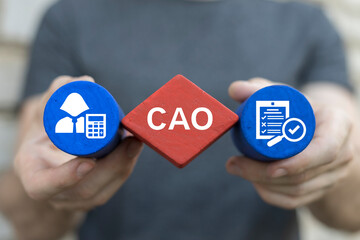 Man holding blocks sees text: CAO. Business and Chief Accounting Officer ( CAO ) concept. Financial...