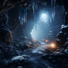 Fantasy dark cave in the mountains. 3d rendering. Computer digital drawing.