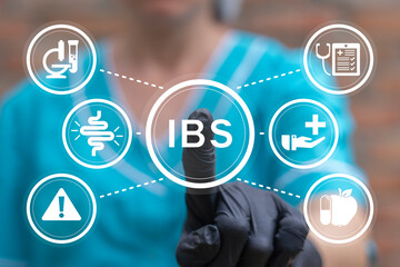 IBS Irritable Bowel Syndrome Medicine concept. Intestinal inflammation, colonic disease, large intestine, colorectal cancer, ulcerative colitis, diverticulitis and other digestive system illness. - obrazy, fototapety, plakaty