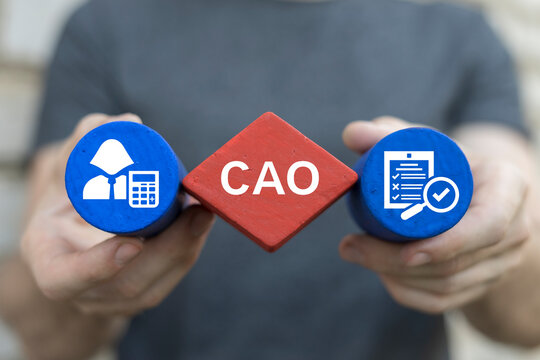 Man holding blocks sees text: CAO. Business and Chief Accounting Officer ( CAO ) concept. Financial palnning, report analyzing and annual budget.