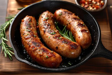 An array of savory sausages sizzling in a pan, showcasing the diverse flavors of german cuisine and the art of indoor grilling - obrazy, fototapety, plakaty