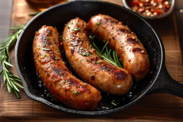 Fotobehang An array of savory sausages sizzling in a pan, showcasing the diverse flavors of german cuisine and the art of indoor grilling © Pinklife