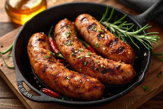 A sizzling mix of various sausages from around the world, bursting with flavor and cooked to perfection in a pan with vegetables, creating a mouth-watering and diverse culinary experience