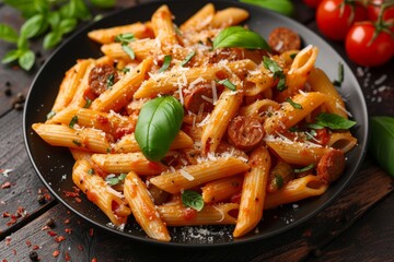 Indulge in a flavorful blend of italian cuisine with a fast and easy-to-prepare dish of penne pasta, topped with melted cheese and fresh basil, perfect for a satisfying vegetarian meal indoors
