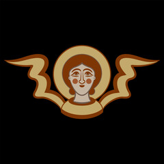 Head of medieval angel or cherub with wings and nimbus. Christian icon. Holy symbol. On black background.