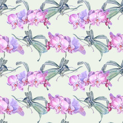 Seamless pattern watercolor pink purple orchid flower on green background. Creative nature realistic home plant for wedding, card, wallpaper, textile, wrapping, florist, celebration