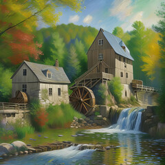 A creek level view of a 4 story grist mill and it's water wheel and surrounding landscape