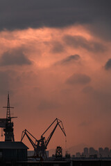 cranes at harbor at sunset, with beautiful cloud