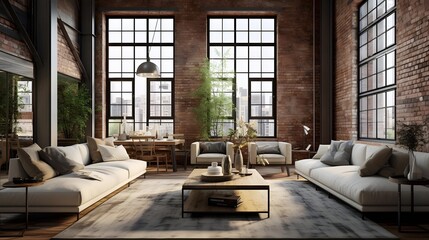 Fototapeta premium Panorama of modern living room interior design. 3d render illustration