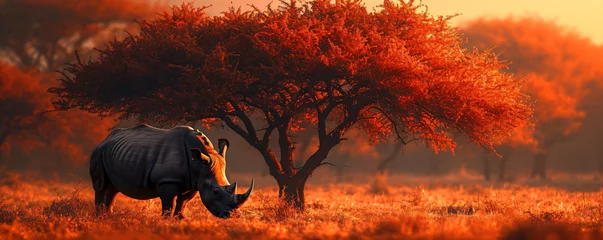 Foto op Canvas Silhouette of large acacia tree in the savanna plains with rhino (White Rhinoceros). African sunset. Wild nature, Kenya panoramic view. Black history month concept. World rhino day. Animal protection © ratatosk
