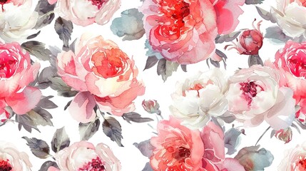 Watercolor roses and peonies seamless pattern, generative ai, 