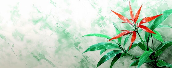 abstract green background with leaves and a red bird of paradise flower. a place to copy