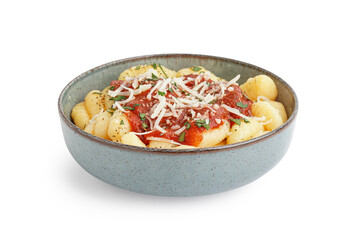 Bowl of tasty gnocchi with tomato sauce and cheese on white background
