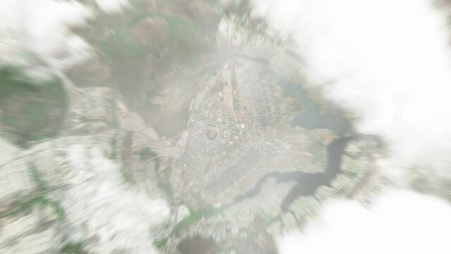 Earth zoom in from space to Brasilia, Brazil. Followed by zoom out through clouds and atmosphere into space. Satellite view. Travel intro. Images from NASA