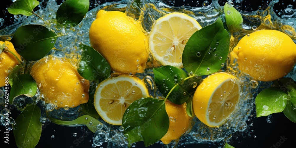 Poster group of lemons with leaves and water splashing on them generative ai