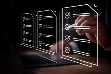 Electronic signature business concept. Businessman signs an electronic document, business approved,...