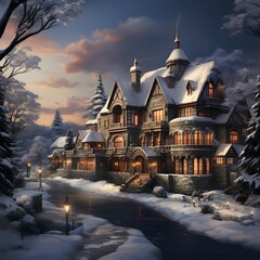 Winter landscape with a beautiful house in the style of a fairy tale
