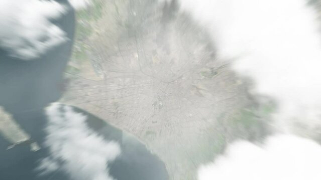 Earth zoom in from space to Lima, Peru. Followed by zoom out through clouds and atmosphere into space. Satellite view. Travel intro. Images from NASA