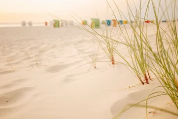 Fototapeten Sandy white dunes with beach grass at sunset. Nature of the North Sea Germany. Fer Island. Frisian islands beach plants.Beach summer background. © Yuliya