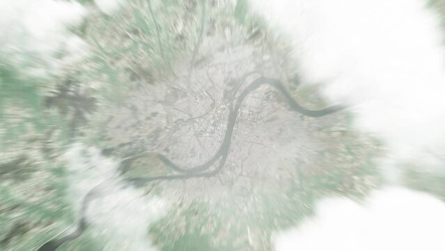 Earth zoom in from space to Pyongyang, North Korea. Followed by zoom out through clouds and atmosphere into space. Satellite view. Travel intro. Images from NASA