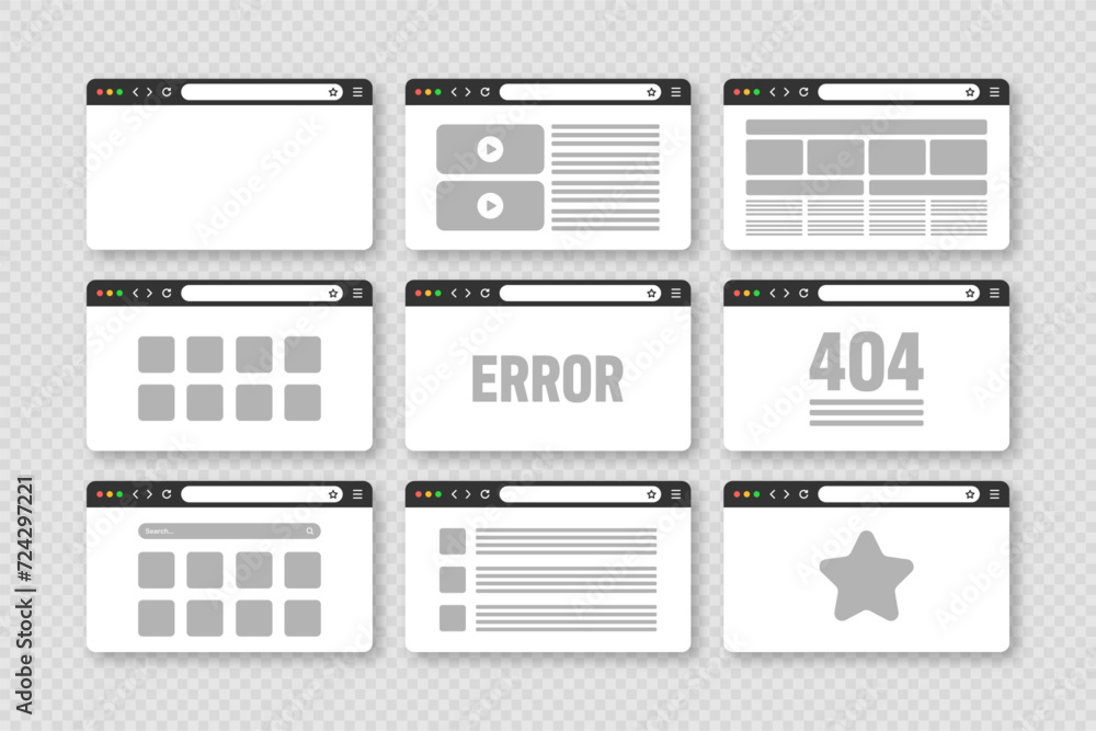 Poster web browser window, pages layout with toolbar and search field. modern website, internet page in fla