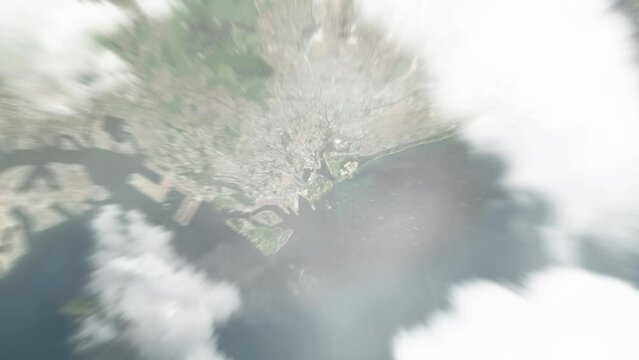 Earth zoom in from space to Singapore, Singapore. Followed by zoom out through clouds and atmosphere into space. Satellite view. Travel intro. Images from NASA