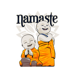 Namaste. happy little buddhas stand up with drum. Buddhist monks cartoon character statue. 