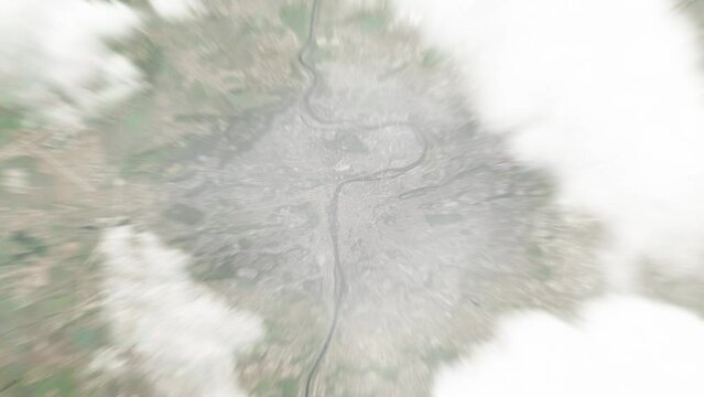 Earth zoom in from space to Prague, Czech Republic. Followed by zoom out through clouds and atmosphere into space. Satellite view. Travel intro. Images from NASA