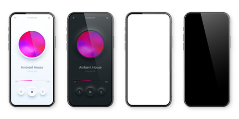 Online audio player user interface, smartphone app UI design. Music, media streaming and listening platform. Responsive mobile application. Neumorphism, neumorphic style. Vector illustration.