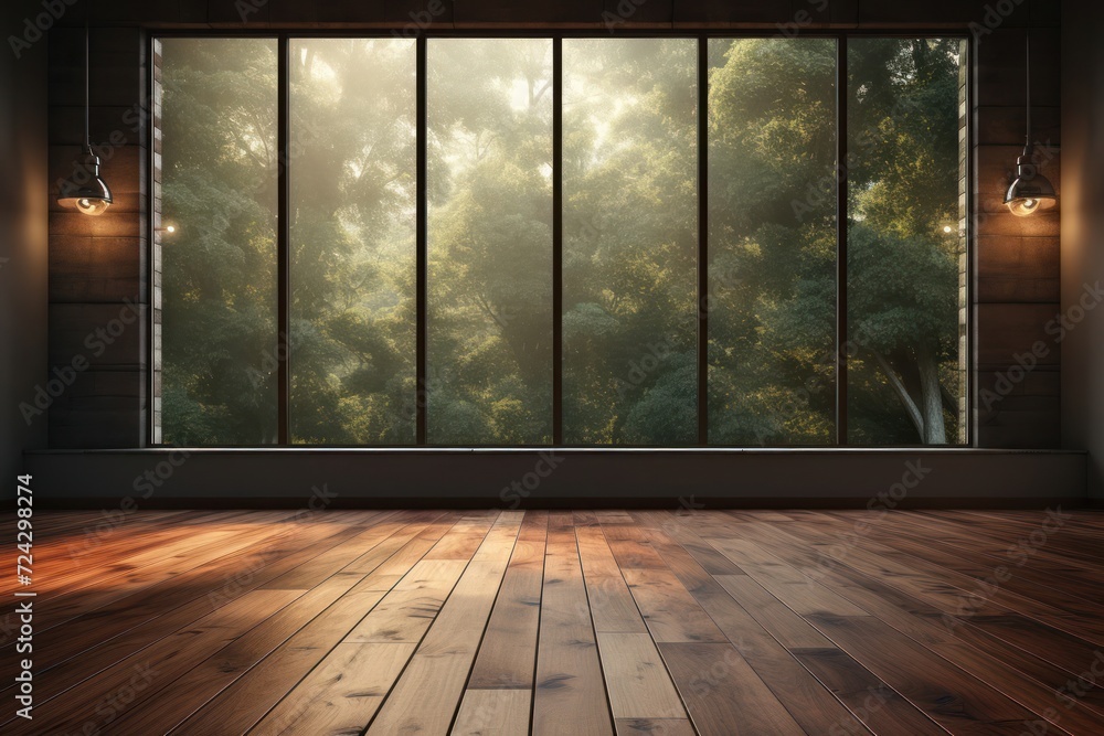 Poster empty room with large windows and wooden floor generative ai