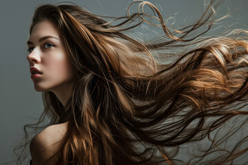 Beauty Portrait: A Wind-Blown Sensuality of a Pretty Young Woman with Long, Brunette Hair in a Fashion Studio, Exuding Elegance and Attractiveness.