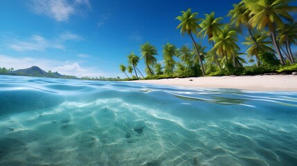 Fototapeta na wymiar Panoramic view of tropical beach with palm trees and transparent water