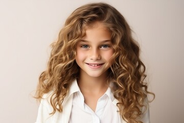 Portrait of a cute little girl with long curly hair smiling at camera