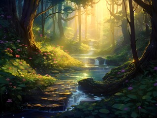 Beautiful fantasy landscape with a river flowing through the forest at sunrise