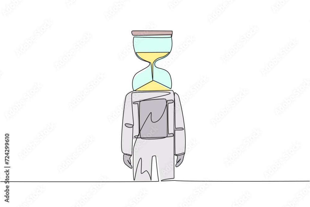 Poster continuous one line drawing young astronaut with hourglass instead of head, stand facing forward. he