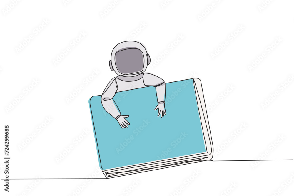 Poster continuous one line drawing young astronaut hugging laptop. prepare to transmit data needed by team 