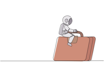 Single one line drawing young energetic astronaut ride the briefcase like a rocket. Used as a vehicle to sail the moon surface. Cosmic galaxy deep space. Continuous line design graphic illustration