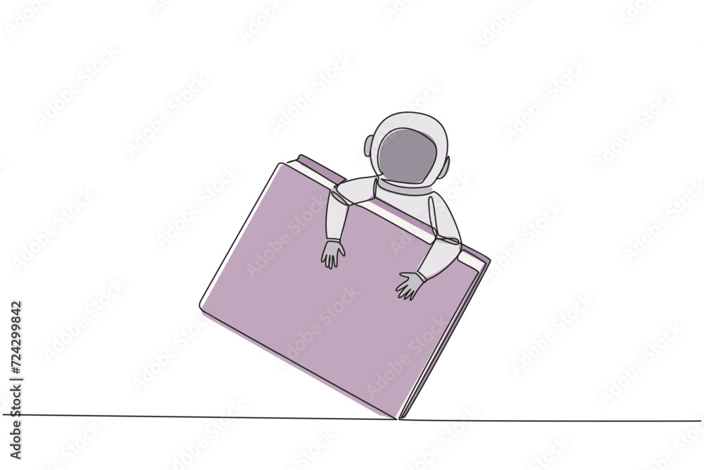 Poster single one line drawing young energetic astronaut hugging book. learn how to survive in space proper