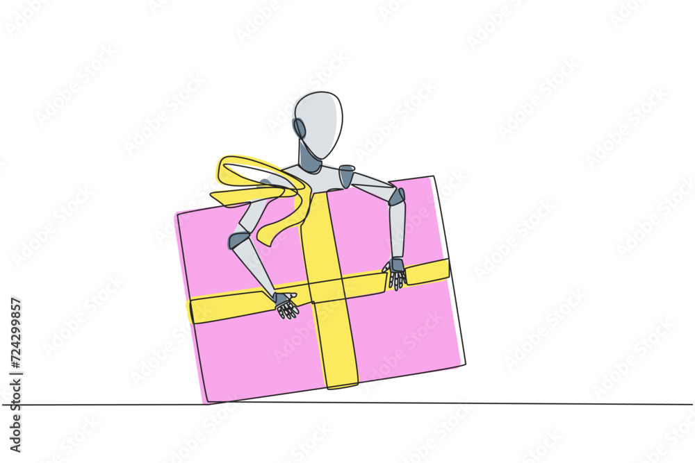 Poster continuous one line drawing robot hugging gift box. gift delivery robots to homes. artificial intell