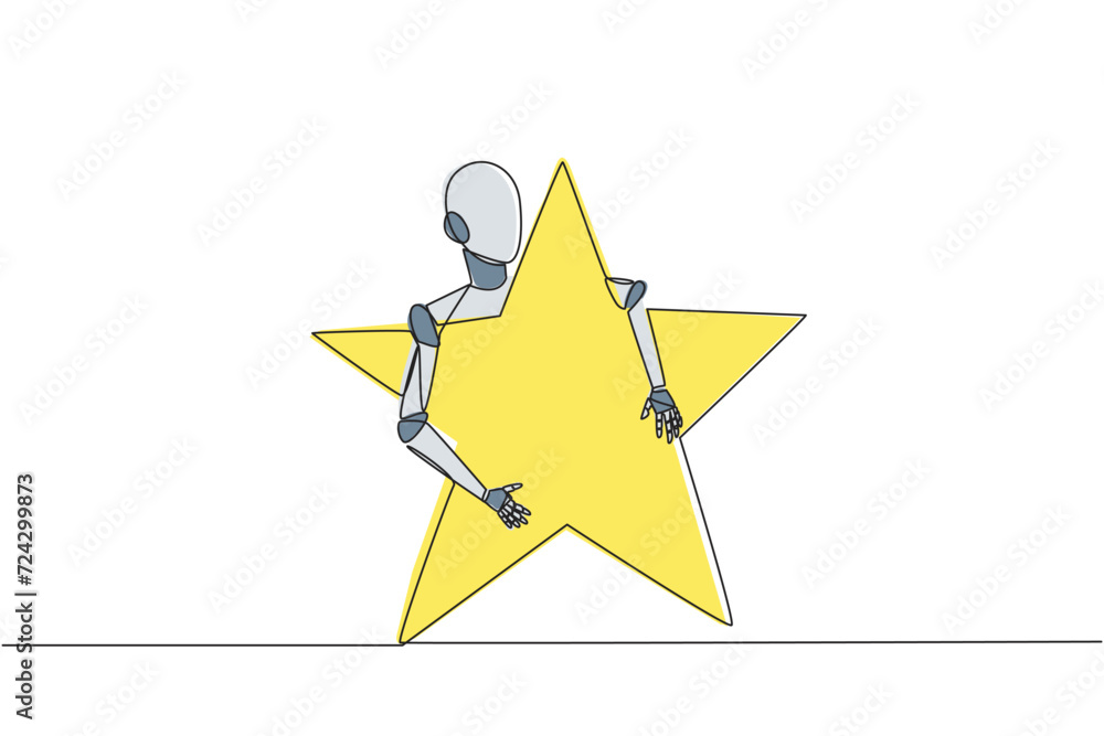 Poster single continuous line drawing robot hugging star. like the sheriff, this robot technology also has 