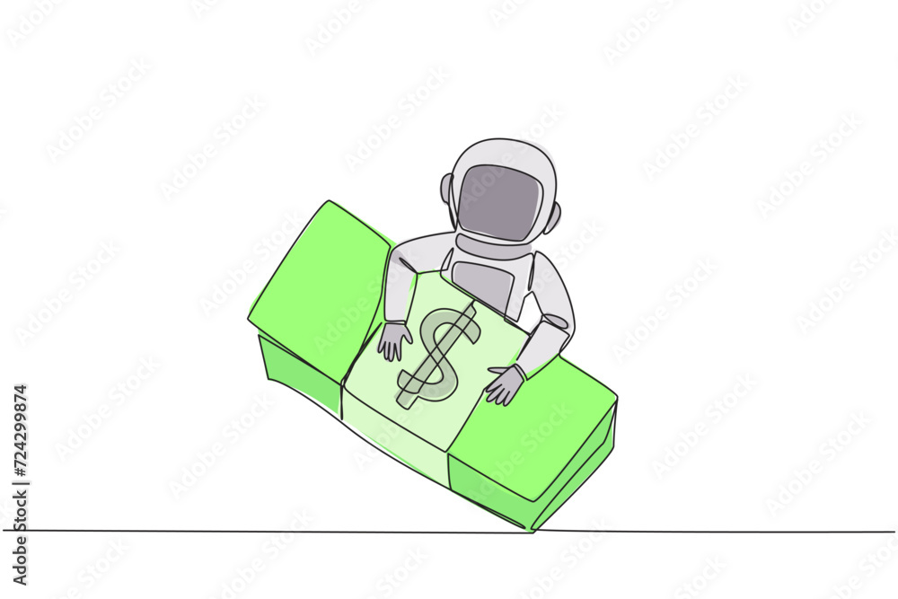 Poster continuous one line drawing astronaut hugging pile of banknotes. got donations from parties who supp