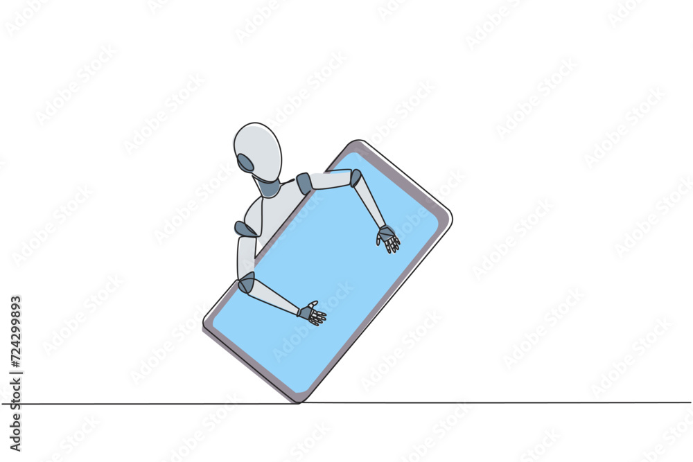 Poster continuous one line drawing robotic hugging handphone. added a robotic system so that handphone cann