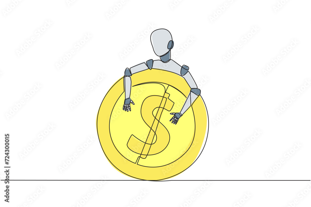 Poster continuous one line drawing robot hugging coin sign dollar. insert coin into the back of the robot, 