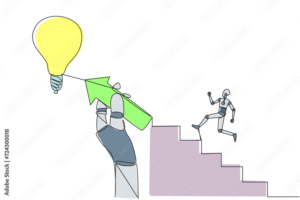 Poster single continuous line drawing robot climbs ladder, one of the steps in the shape of an arrow held i