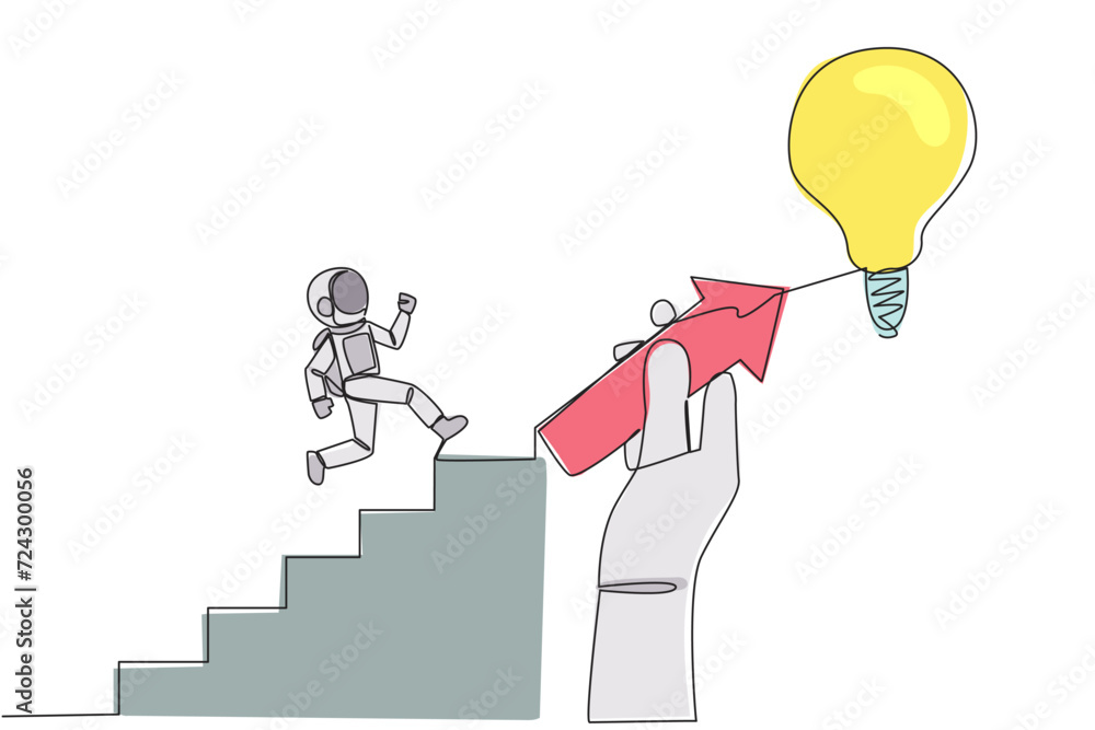 Poster single continuous line drawing astronaut climbs ladder, one of the steps in the shape of an arrow he