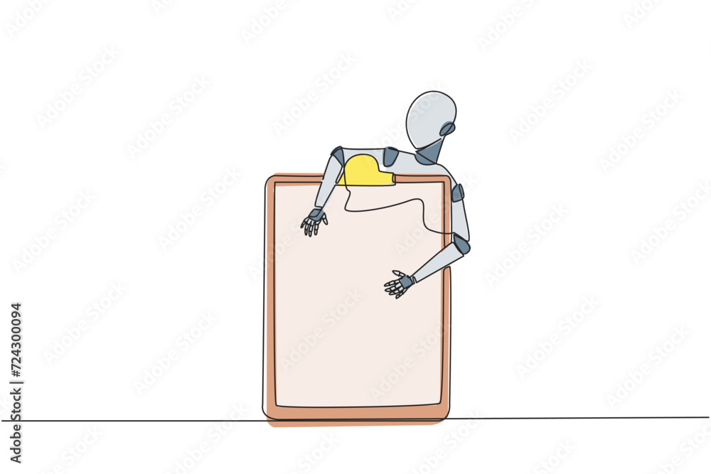 Poster continuous one line drawing robotic hugging clipboard. provide assistance to double check work. arti